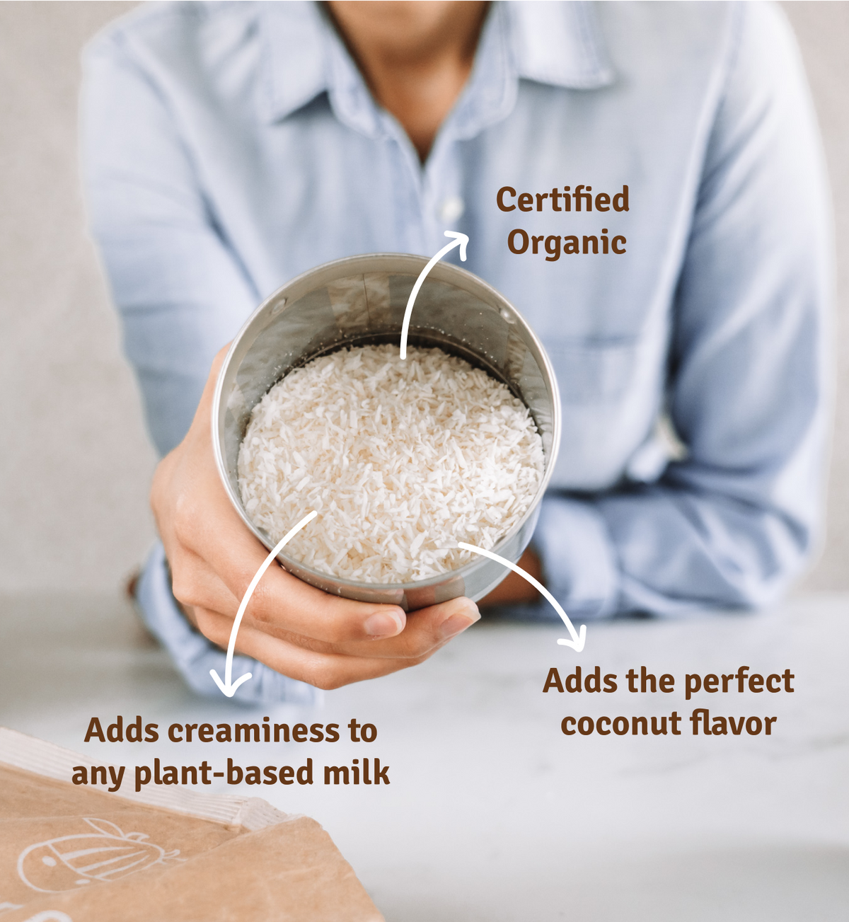 lifestyle organic shreds value features - certified organic adds creaminess to any plant-based milk adds the perfect coconut flavor