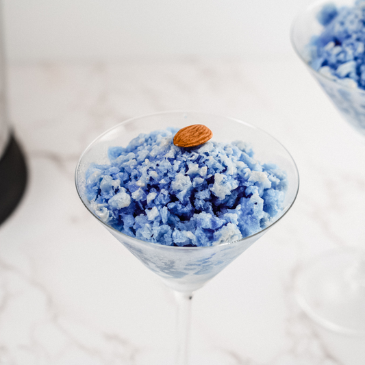 Blue Almond Granita made with agave and blue spirulina.