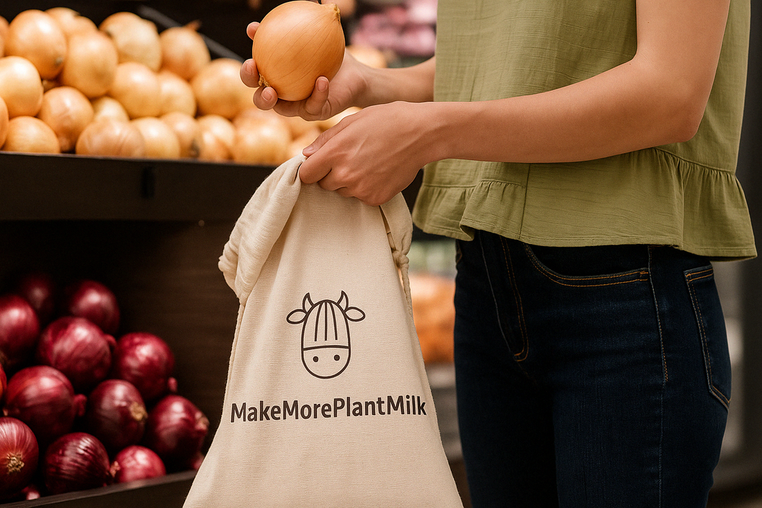 Woman shopping at grocery store adding onions to her Almond Cow canvas tote bag. 