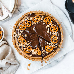 vegan and gluten-free Chocolate Peanut Butter Pretzel Tart