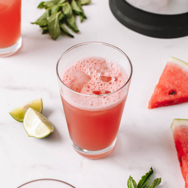 a glass of Coconut Watermelon Cooler made with the almond cow