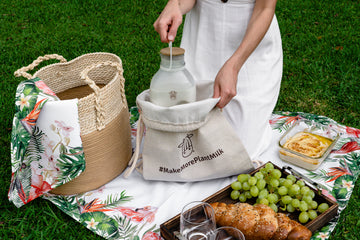 Almond Cow hemp bag, glass jug, picnic