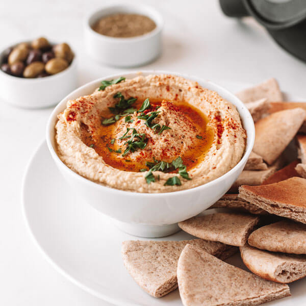 A bowl of hummus made with chickpea pulp