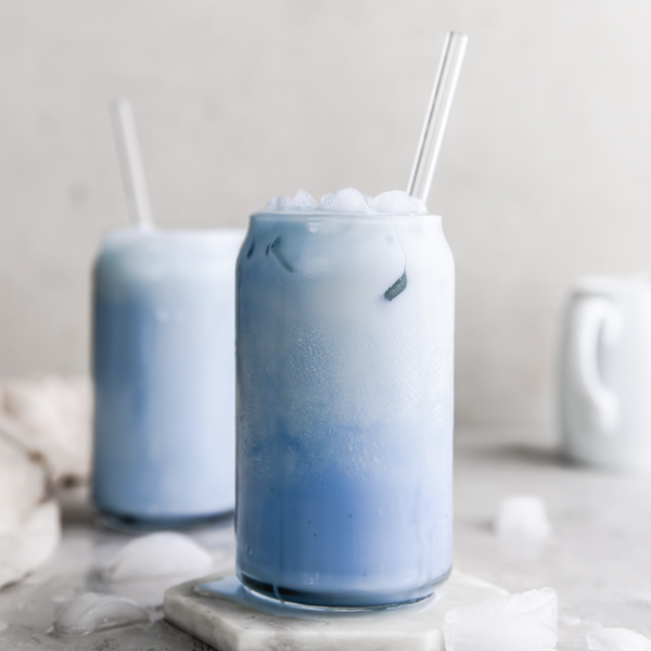 glasses of plant-based iced blue milk