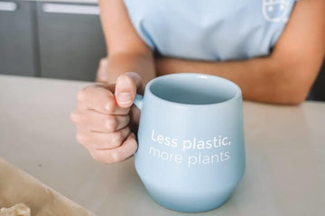 Almond Cow mug, t-shirt, less plastic, more plants.