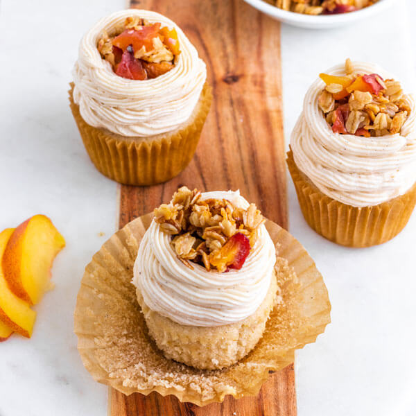 3 vegan Peach Cobbler Cupcakes