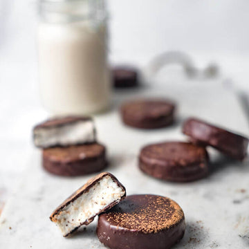 vegan Peppermint Patties with a glass of almond milk