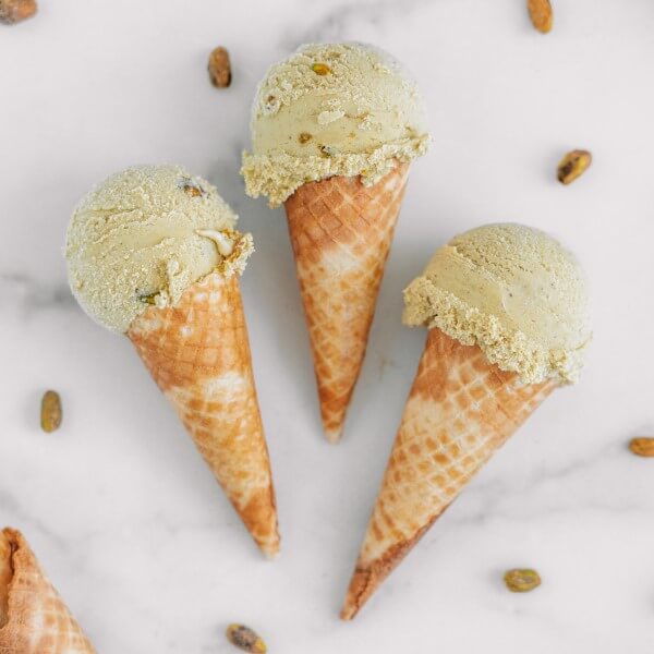 vegan pistachio ice cream in cones