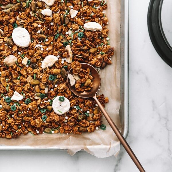 baking sheet of vegan pistachio pulp granola