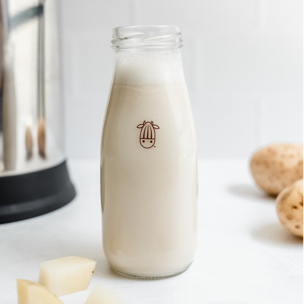 Potato Milk in a glass with cubed potatoes on side