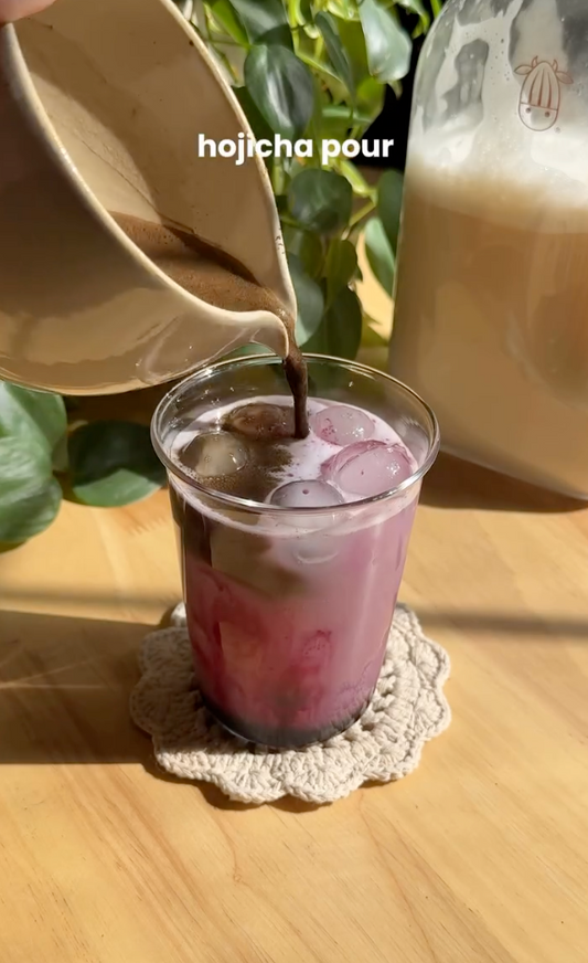 Blueberry oat hojicha latte