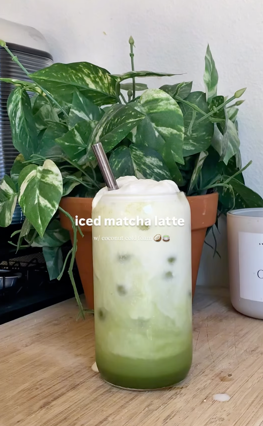 Iced Coconut Maple Matcha Latte with Coconut Cold Foam