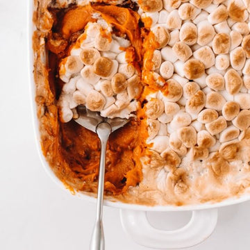 a tray of vegan Sweet Potato Casserole with marshmallows