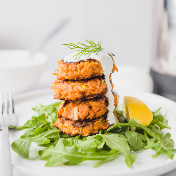 a stack of vegan sweet potato fritters