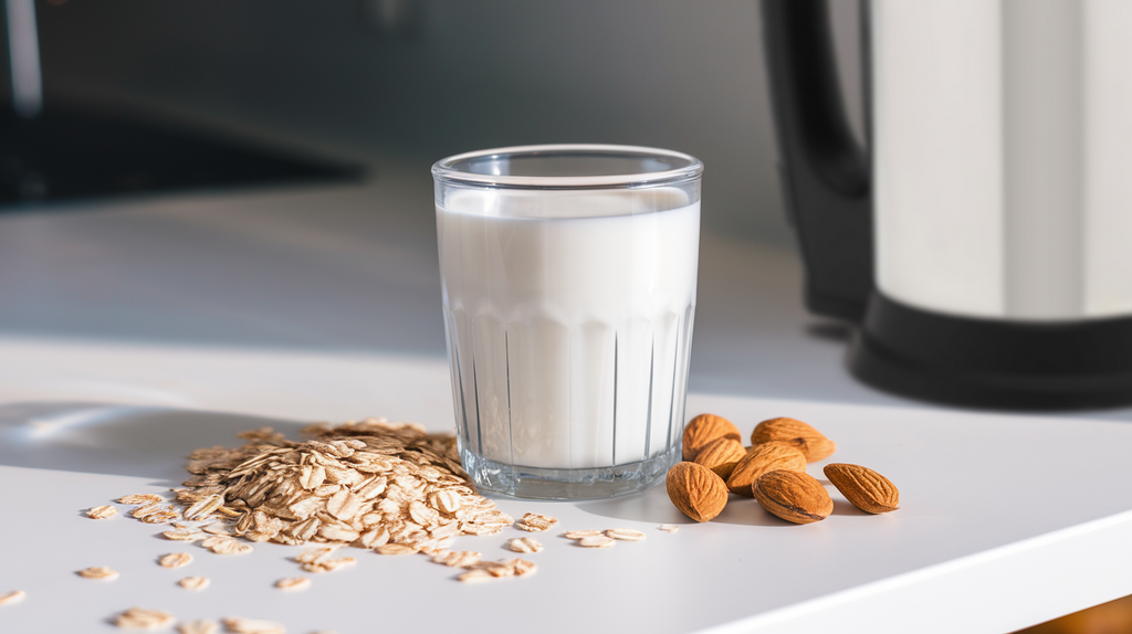 A glass of Almond Cow's Oat-Almond Milk surrounded by small piles of raw almonds and raw oats. It's in a bright kitchen with an Almond Cow machine in the background.