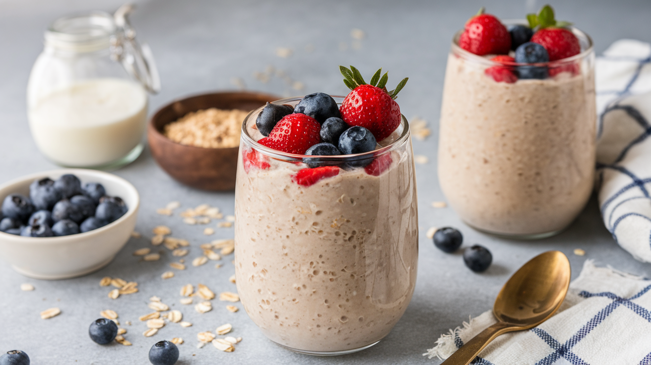 Two glasses of overnight oats mixed with plant milk and topped with some berries. 