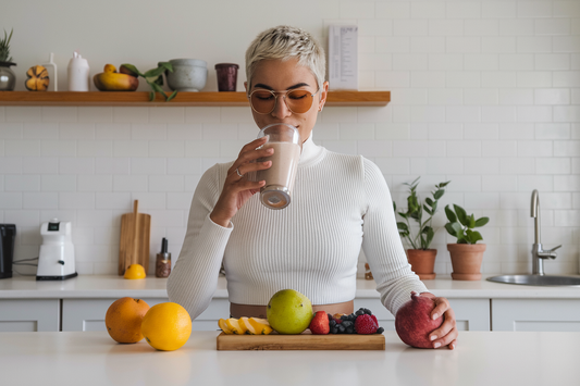 A woman drinking a smoothie at a kitchen counter with fruits in front of her.