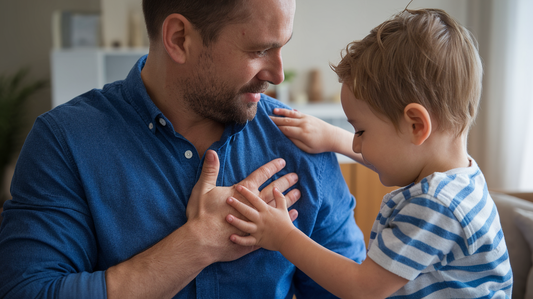 Father and son hold hands over fathers heart.