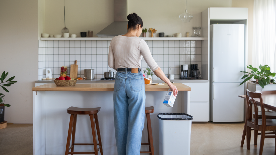 A woman throwing away a milk carton, standing in her kitchen.