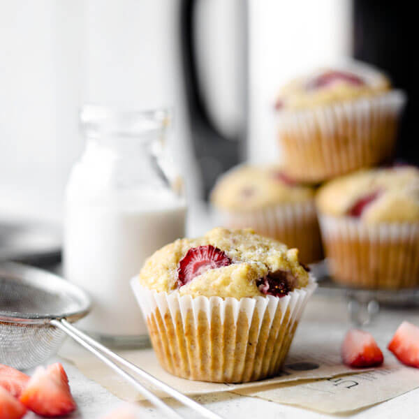 Vegan breakfast muffins with a glass of plant-based milk