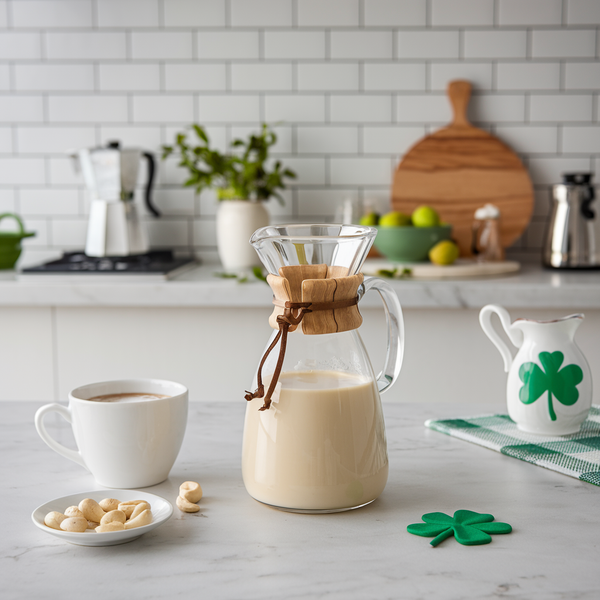 a carafe of Irish creamer with St. Patrick's Day decorations around a kitchen.