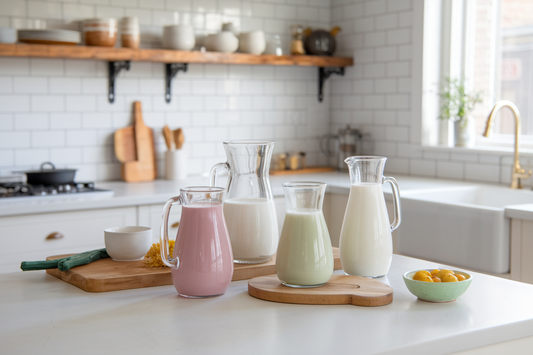 a collection of colorful milks on a countertop