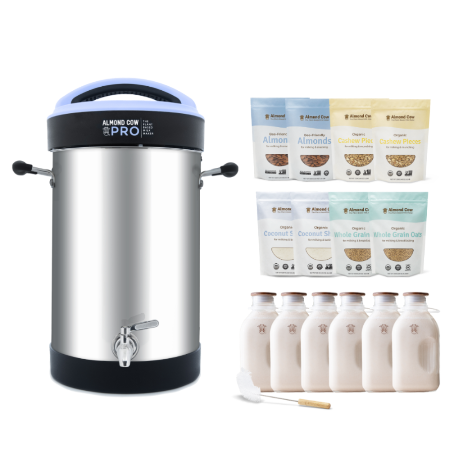 Almond Cow Pro Starter Set with a Pro Milk Maker Machine, 2 bags of organic almonds, cashew pieces, coconut shreds, whole grain oats and 6 glass jugs and a jug brush