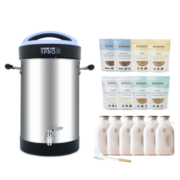 Almond Cow Pro Starter Set with a Pro Milk Maker Machine, 2 bags of organic almonds, cashew pieces, coconut shreds, whole grain oats and 6 glass jugs and a jug brush