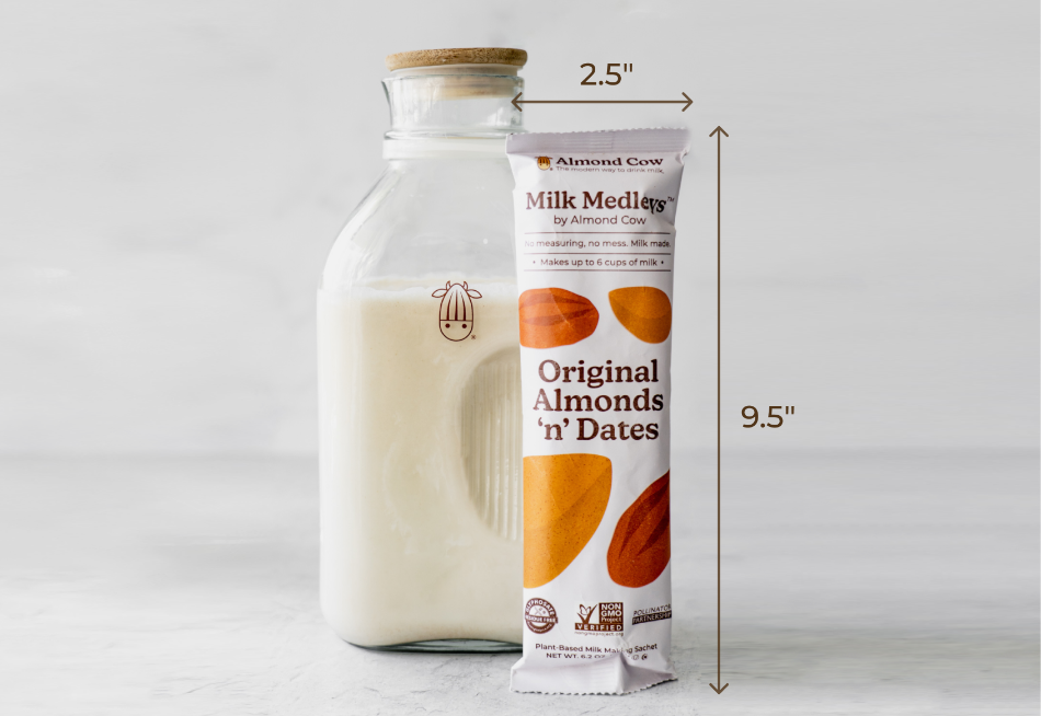 Creamy Almonds 'n' Dates Milk Medleys pack with a glass jug