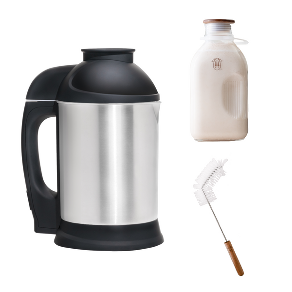 The Essentials Bundle, featuring the Almond Cow Milk Machine, Glass Jug, and Jug Brush for effortless plant-based milk making.