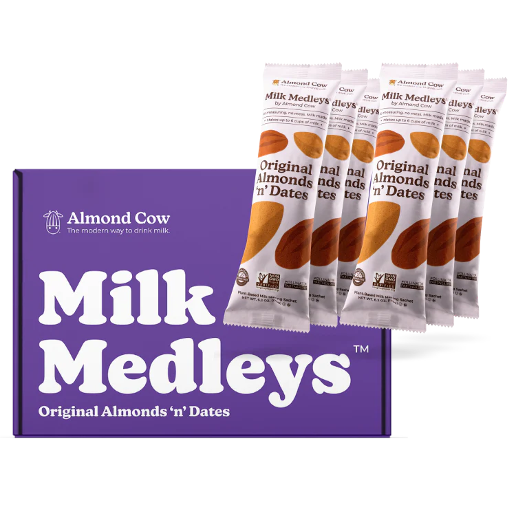 6 packs of pre-measured ingredients of Creamy CocoCash Milk Medleys to easily make delicious plant-based milk.