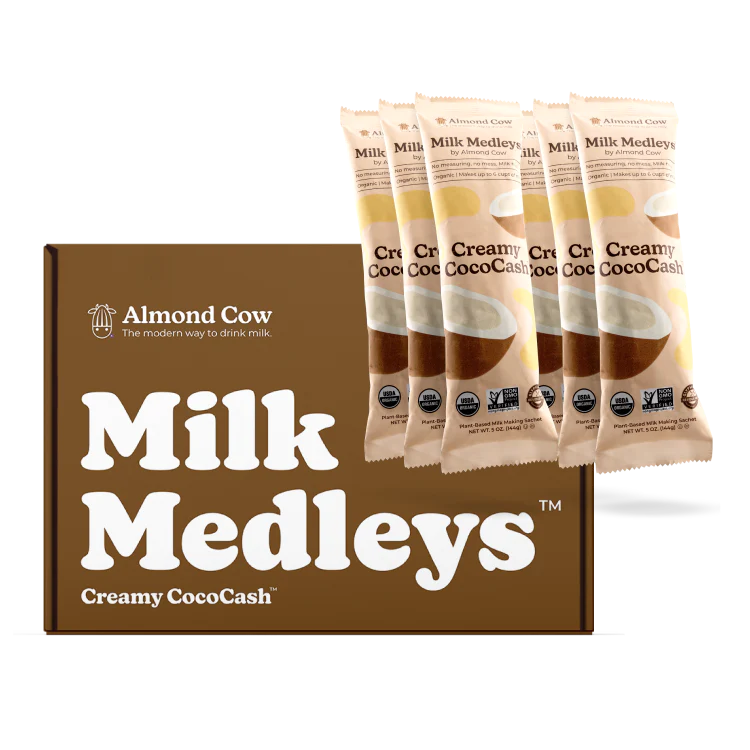 6 packs of pre-measured ingredients of Creamy CocoCash Milk Medleys to easily make delicious plant-based milk.