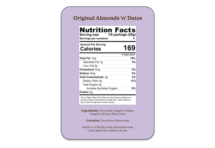 Original Almonds n Dates Nutrition Facts Label - Almond Cow 
