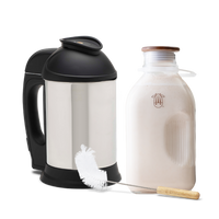 The Essentials Bundle, featuring the Almond Cow Milk Machine, Glass Jug, and Jug Brush for effortless plant-based milk making.