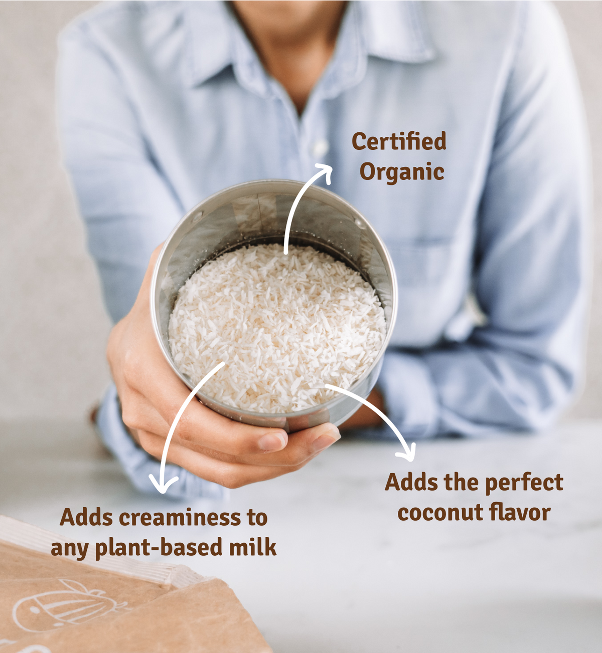 lifestyle organic shreds value features - certified organic adds creaminess to any plant-based milk adds the perfect coconut flavor 