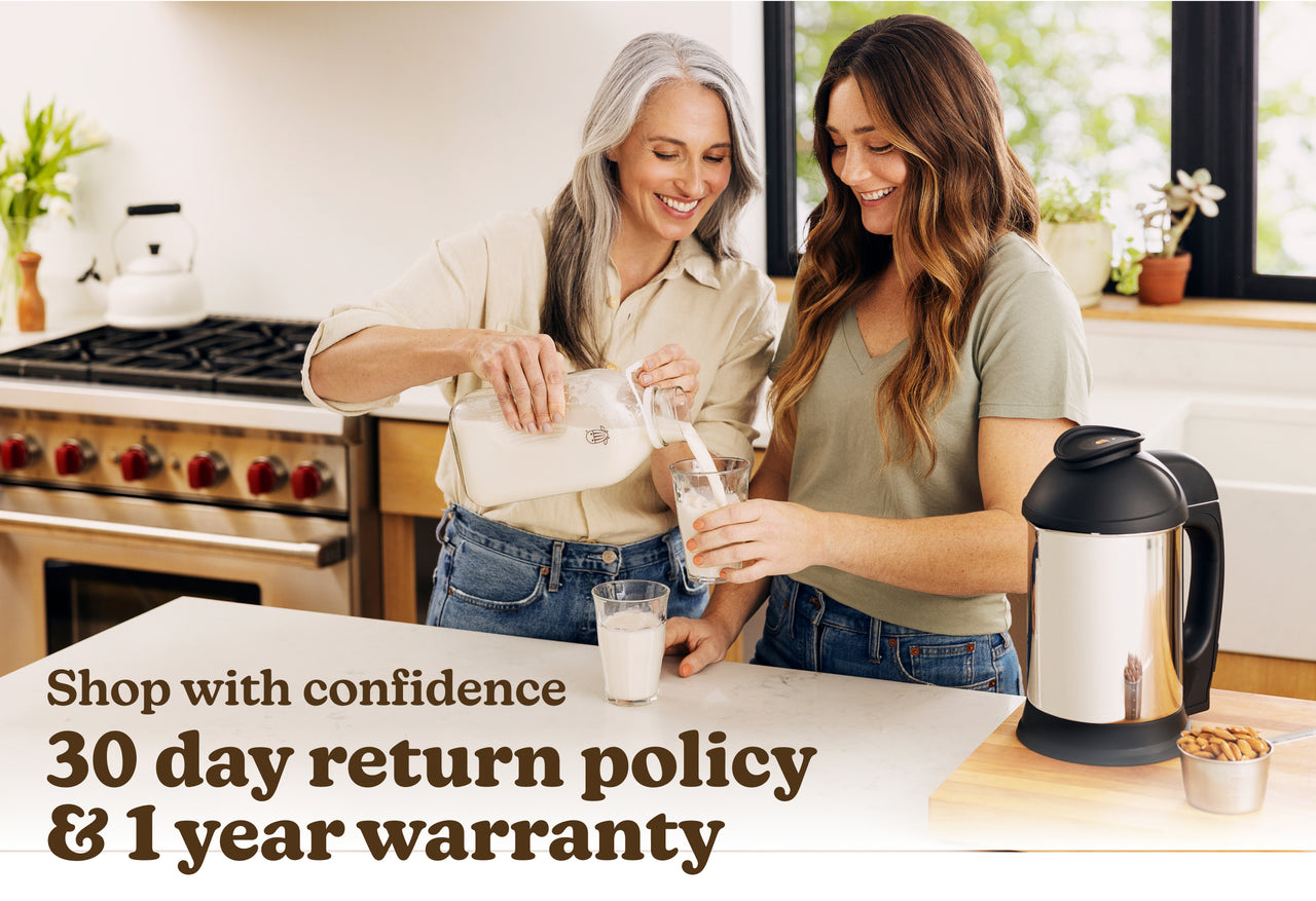 women pouring glass of almond milk - 30 day return policy & 1 year warranty 