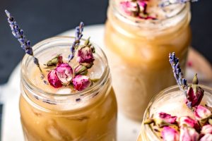 lattes featuring dried lavender and rose petals for garnish.