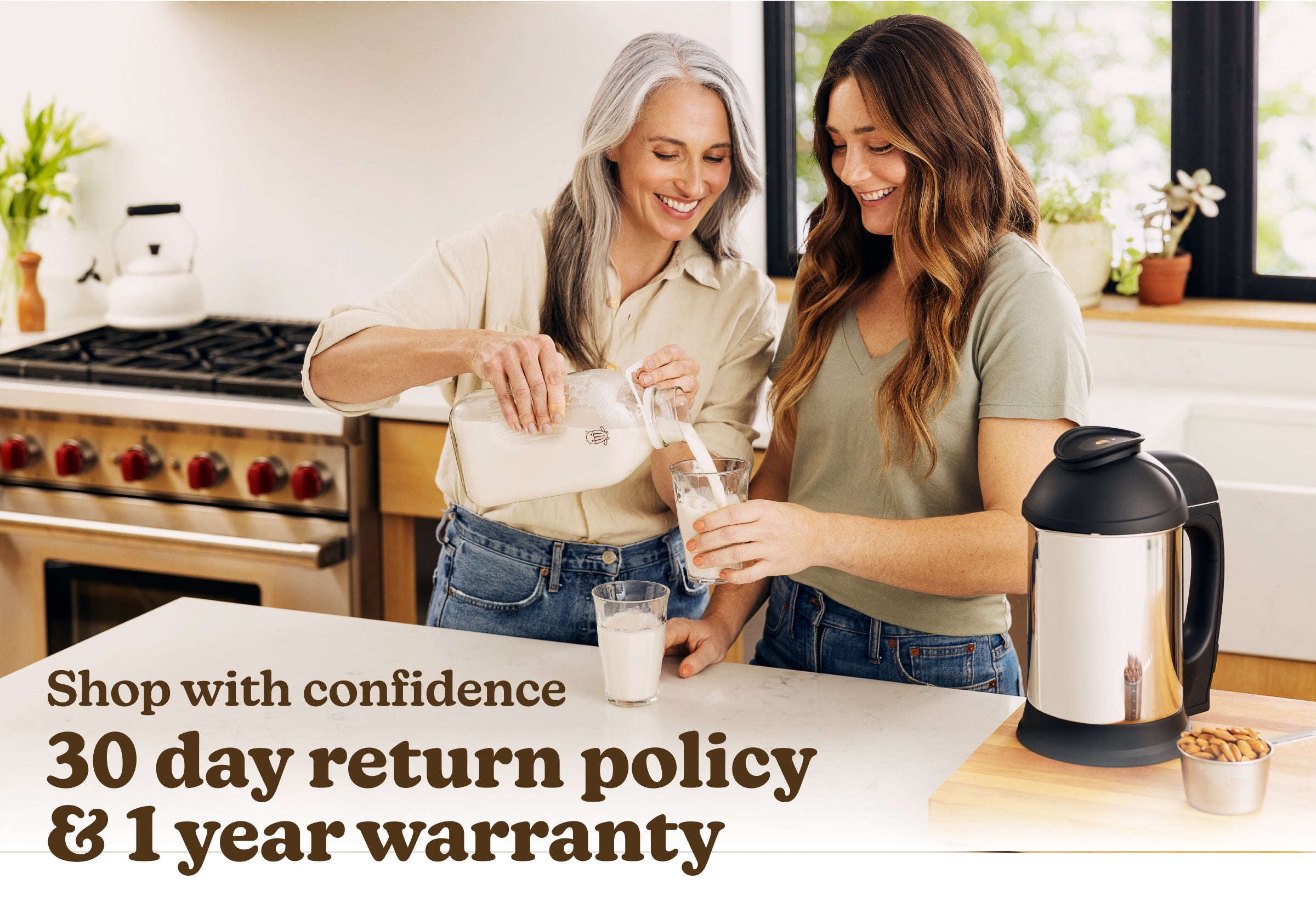 women pouring glass of almond milk - 30 day return policy & 1 year warranty
